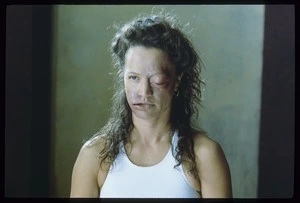 Actor Rena Owen wearing makeup and facial prosthetics as domestic violence victim Beth Heke in Once were warriors