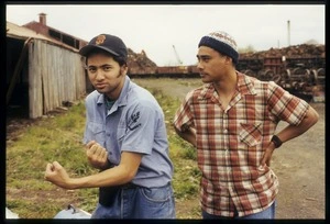 Greg Semu and another unidentified man on the set of the film Once were warriors, Auckland