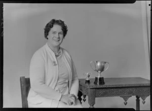 Mrs J Fox, Breaker Bay Indoor Bowls Club, Wellington, with trophies