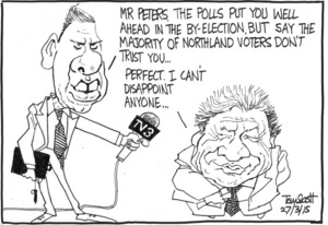 Scott, Thomas, 1947- :"Mr Peters, the polls put you well ahead in the by-election, but say the majority of Northland voters don't trust you..." 27 March 2015