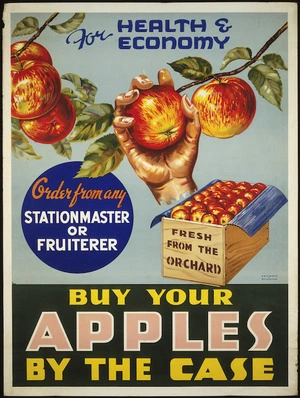 New Zealand Railways. Publicity Branch :For health & economy, buy your apples by the case. Order from any stationmaster or fruiterer, fresh from the orchard / Railways Studios. [ca 1935].