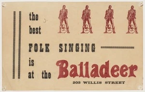 Balladeer Coffee Tavern (Wellington): The best folk singing is at the Balladeer, 203 Willis Street [ca 1966]