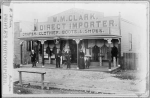 Shop front of W M Clark's general clothing store, Oxford Street, Levin - Photograph taken by W M'Guire