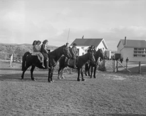 Children on horseback, Te Karakau School, Chatham Islands