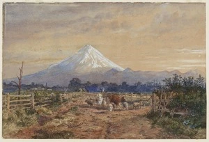 Pheney, Richard Cliff Francis 1831-1869 :[Taranaki farming scene with Mt Egmont in the background, seen from Omata] November 20 1867 / R. C. F. Pheney.