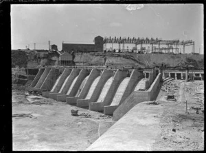 View of the Arapuni Dam and power station under construction, circa 1928.