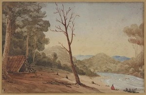 [Halcombe, Edith Stanway (Swainson)] 1844-1903 :[Maori hut and figure beside river] [ca 1860]