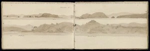 [Ashworth, Edward] 1814-1896 :Hemioramic view of the north part of the Bay of Islands, New Zealand. The greatest elevation shows the remains of Rangihoua (deserted) the first footing of Missionaries. The oldest of that body lives near here Mr. King. [1844]