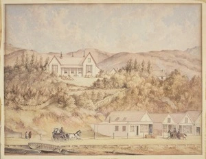 Barraud, Charles Decimus, 1822-1897 :[Hoggard's house with Lambton Quay in the foreground]. 1861