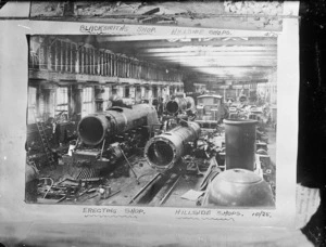 Interior view of the erecting shop at Hillside Railway Workshops, Dunedin.
