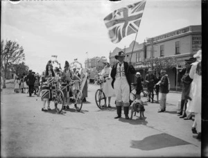 Group including "John Bull" in fancy dress during the Armistice Day celebrations in Levin