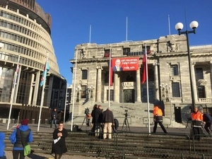 Drew, Stephen, fl 2015 :Photographs of a Greenpeace protest at Parliament Grounds, Wellington