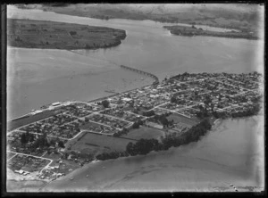 View of Tauranga Central Business District, wharf area and rail bridge across the harbour, Bay of Plenty Region