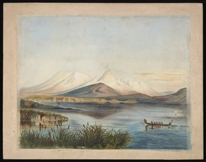 Artist unknown :From somewhere along eastern side of Lake Taupo. Ruapehu, Tongariro, Ngauruhoe ... Pihanga. [Canoe on Lake Taupo. 1890s?]