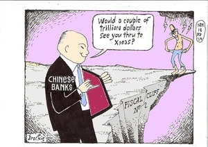 Brockie, Bob, 1932-:Chinese banks - fiscal cliff No.2 - Obama on cliff. 18 October 2013