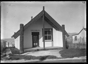 Exterior view of Te Ao Marama meeting house, Ohinemutu, used by the Board of Maori Arts in the 1930s.
