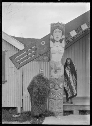 Exterior view of Wairaka Meeting House, Whakatane, showing the marakihau (mermaid) carving on the left amo