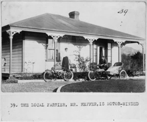 Harry Heffer and his wife Georgina with motorcycles outside their home, Paraparaumu
