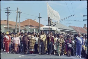 Participants in Maori Land March walking down College Hill, Ponsonby, Auckland