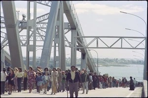 Participants in the Maori Land March crossing Auckland Harbour Bridge