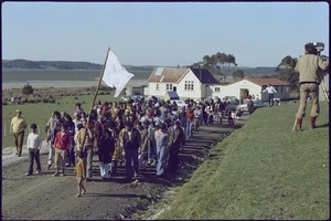 Participants in Māori Land March leaving Te Reo Mihi Marae, Te Hapua