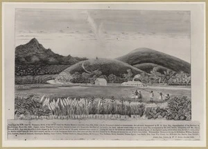Liardet, Wilbraham Frederick Evelyn, 1799-1878 :[View from the South West near the Tuamarina Hotel, of the hill on which the Wairau Massacre occurred, June 17th 1848 [i.e.1843], with the Monument erected to commemorate the sad event...March 9th 1866 ... [1866?]