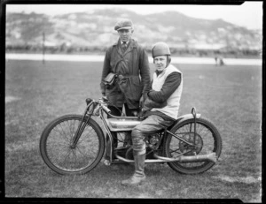 McKenman, speedway rider, on Douglas motorcycle, at Kilbirnie stadium, Wellington