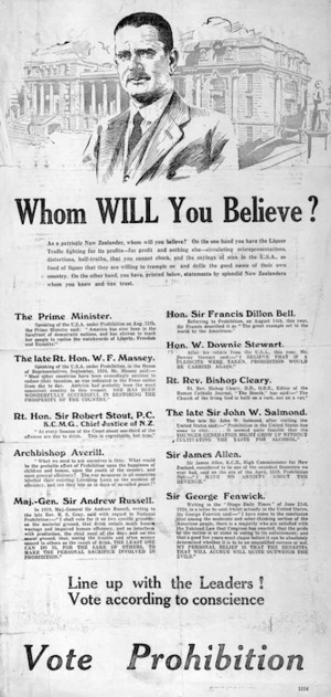 Whom will you believe? Line up with the leaders! Vote according to conscience. Vote Prohibition. [1925?]