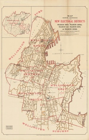 Map showing the boundaries of the new electoral districts of Wellington North, Wellington Central, Wellington East, Wellington South and Wellington Suburbs as defined by the North Island Representation Commission, 1917.