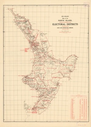 Map of the North Island showing the boundaries of the electoral districts as defined by the North Island Representation Commission, September 1937.
