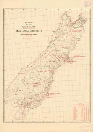 Map of the South Island showing the boundaries of the electoral districts as defined by the South Island Representation Commission, September 1937.