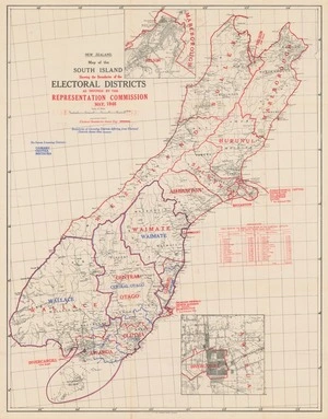 Map of the South Island showing the boundaries of the electoral districts as defined by the Representation Commission May, 1946.