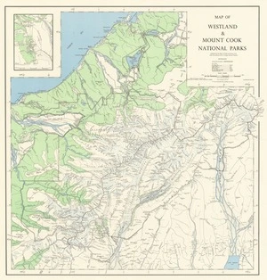 Map of Westland & Mount Cook National Parks.