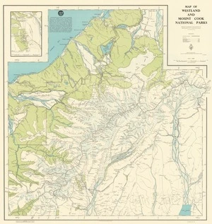 Map of Westland and Mount Cook National Parks.