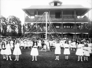Young girls and a maypole, Wanganui Race Course