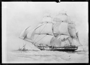 Brierly, Oswald Walter, 1817-1894 :[Sailing ship, possibly the 'Alfred']. O W Brierly del., G Hawkins, jnr, lith. [1850s?]