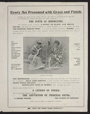 [William Anderson has much pleasure in introducing ... the brilliant and popular entertainer - Czerny ...] Every act presented with grace and finish. [His Majesty's Theatre, Wellington, Boxing night ... 1905. Third page of promotional brochure].