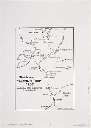 [Creator unknown]: Sketch map of camping trip, 1907 [copy of ms map]. (Camping sites numbered in sequence)