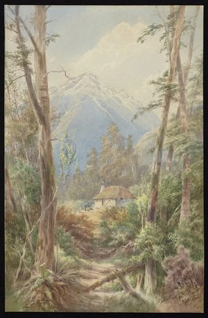 Wilson, Laurence William, 1851-1912 :Hut on the Routeburn Track, Lake Wakatipu. 1895