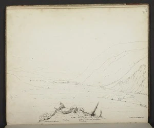 Mantell, Walter Baldock Durrant, 1820-1895 :The Gorge looking west. Most over Southern mountains, te Piriamokotaha Friday evg. 17 Dec 1852.
