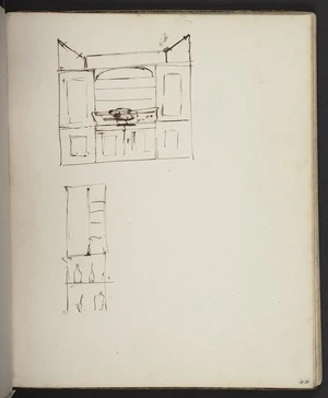 Mantell, Walter Baldock Durrant, 1820-1895 :[Range and kitchen shelves. 1852?]