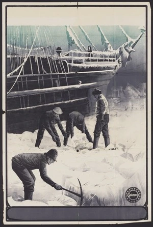 Gaumont Co. Ltd (London) :[With Captain Scott, R.N. to the South Pole filmed by Herbert G. Ponting, F.R.G.S. (Second series). Authentic pictures exhibited by arrangement with the Gaumont Film Hire Service London, holders of exclusive cinematograph rights. Men using ice picks beside the "Terra Nova" caught in the ice. [1912].