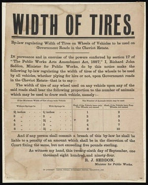 Width of tires; by-law regulating width of tires on the wheels of vehicles to be used on Government roads in the Cheviot Estate. ... R.J. Seddon, Minister for Public Works. By authority Samuel Costall, Government Printer, Weington, 1895.