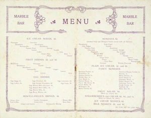 Marble Bar: Menu. 1916