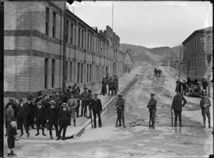 Soldiers outside military barracks on Buckle Street, Wellington, during the 1913 Waterfront Strike