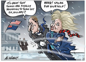 "it's great that things are finally beginning to thaw out eh, Hillary?" "Brrr! Speak for yourself!" 6 November 2010