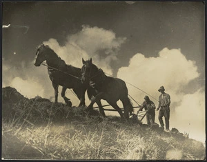 Two men and a horse-drawn plough, Mokau River