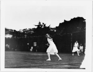Ladies doubles tennis game at Miramar courts, Wellington