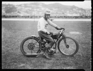 Speedway rider Alec Pratt, on Norton motorcycle, at Kilbirnie stadium, Wellington