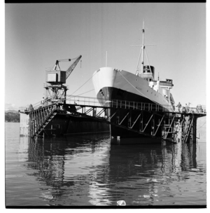 The ship Maori in the Wellington Jubilee Floating Dock, and leaving the dry dock